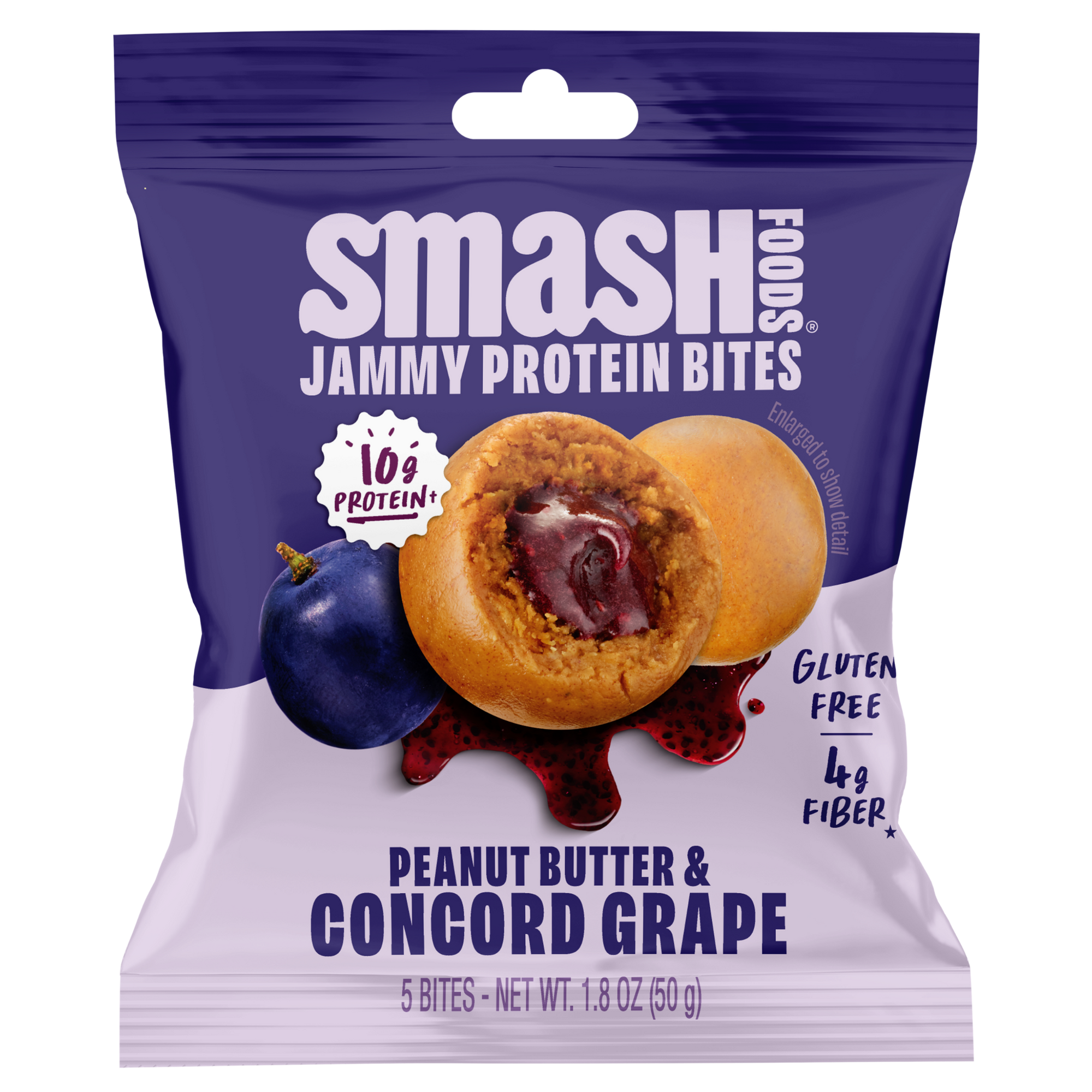 Package of Smash Foods Jammy Protein Bites with peanut butter and concord grape flavor on a white background