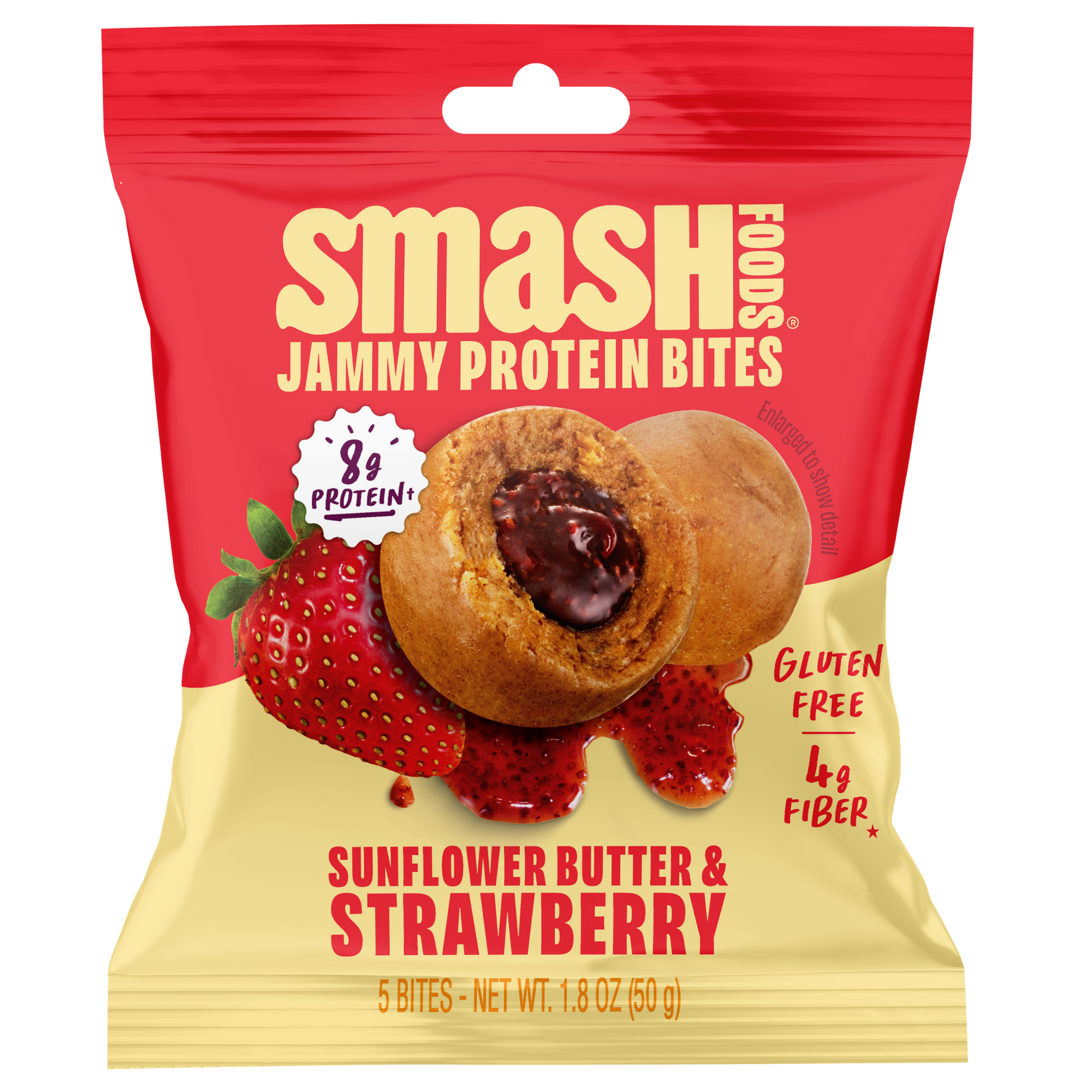 Packaging of Smash Foods Jammy Protein Bites with sunflower butter and strawberry flavor.